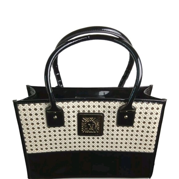 VINTAGE ANNE KLEIN SATCHEL BLACK POCKETS SNAP CLOSURE - Picture 1 of 12